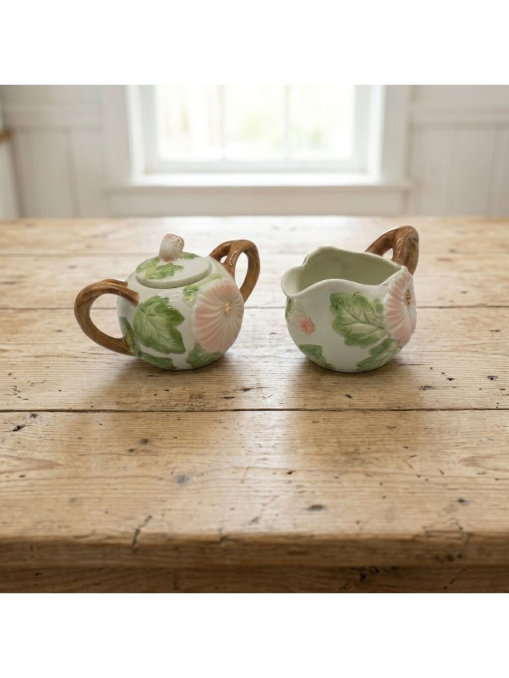Fitz and Floyd Hibiscus Floral Sugar and Creamer Set 1987 Vintage